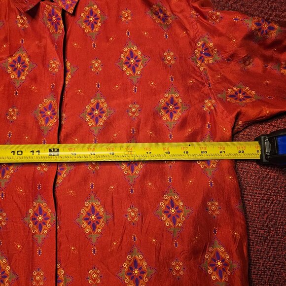 VTG Diane Gilman Red Silk Button Up Shirt L Boho Floral Print Hidden Button - Picture 6 of 10